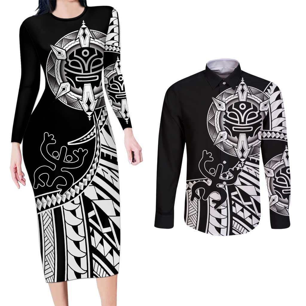 Taino Sun Traditional Tattoo Couples Matching Long Sleeve Bodycon Dress and Long Sleeve Button Shirt Polynesian Pattern