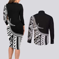 Taino Sun Traditional Tattoo Couples Matching Long Sleeve Bodycon Dress and Long Sleeve Button Shirt Polynesian Pattern