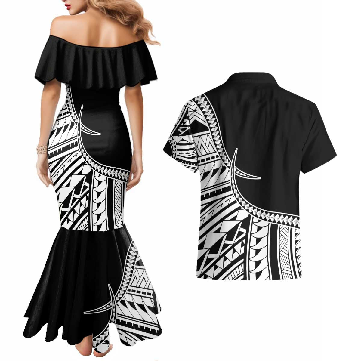 Taino Sun Traditional Tattoo Couples Matching Mermaid Dress and Hawaiian Shirt Polynesian Pattern