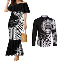 Taino Sun Traditional Tattoo Couples Matching Mermaid Dress and Long Sleeve Button Shirt Polynesian Pattern
