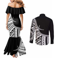 Taino Sun Traditional Tattoo Couples Matching Mermaid Dress and Long Sleeve Button Shirt Polynesian Pattern