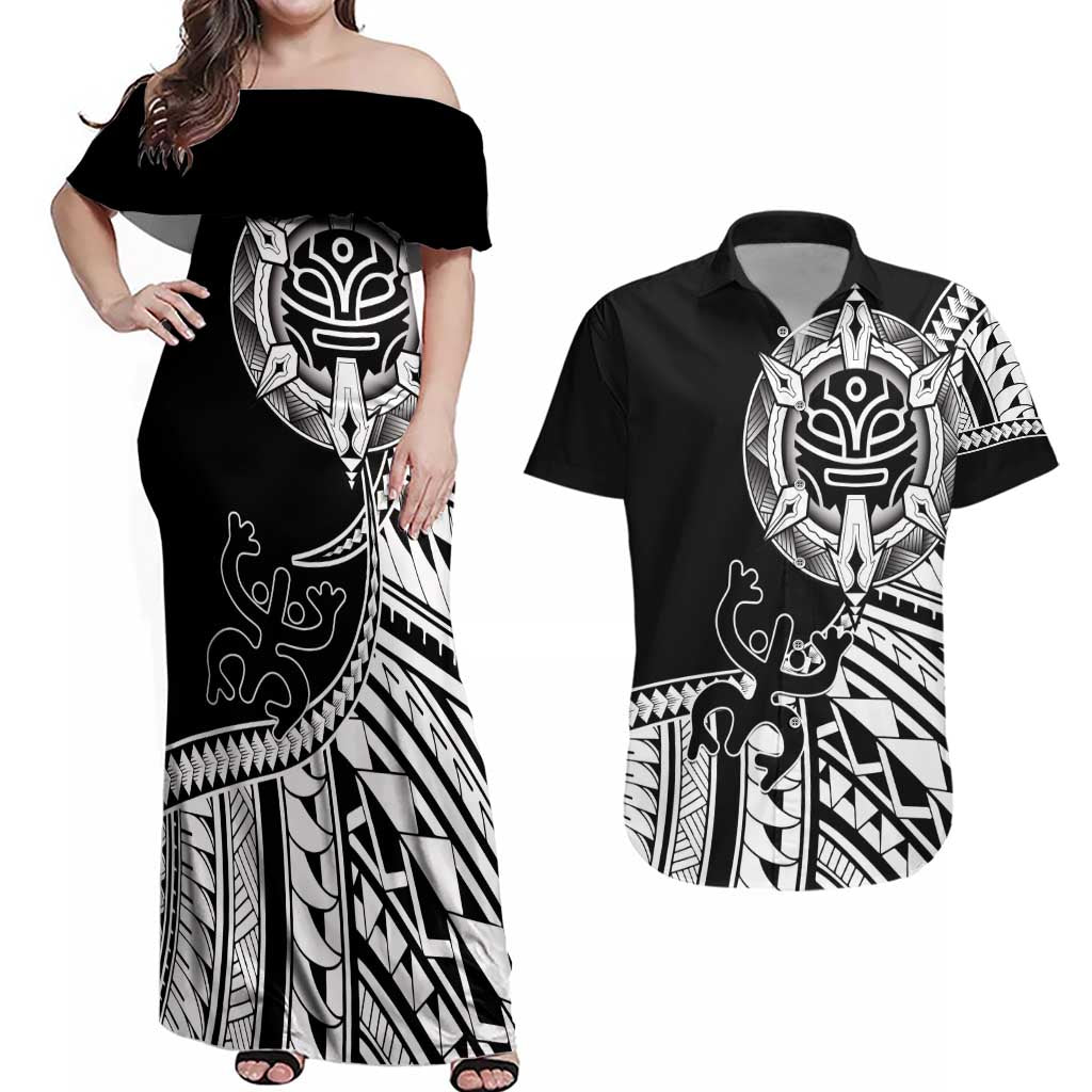 Taino Sun Traditional Tattoo Couples Matching Off Shoulder Maxi Dress and Hawaiian Shirt Polynesian Pattern