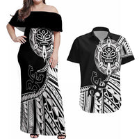 Taino Sun Traditional Tattoo Couples Matching Off Shoulder Maxi Dress and Hawaiian Shirt Polynesian Pattern