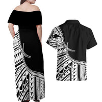 Taino Sun Traditional Tattoo Couples Matching Off Shoulder Maxi Dress and Hawaiian Shirt Polynesian Pattern