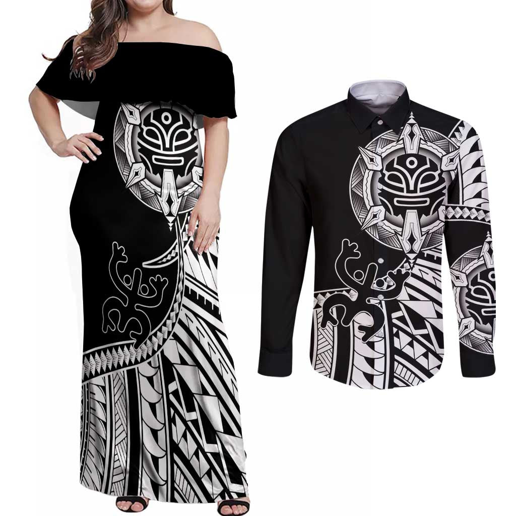 Taino Sun Traditional Tattoo Couples Matching Off Shoulder Maxi Dress and Long Sleeve Button Shirt Polynesian Pattern