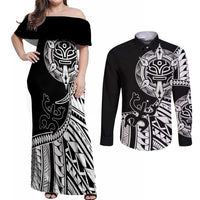 Taino Sun Traditional Tattoo Couples Matching Off Shoulder Maxi Dress and Long Sleeve Button Shirt Polynesian Pattern