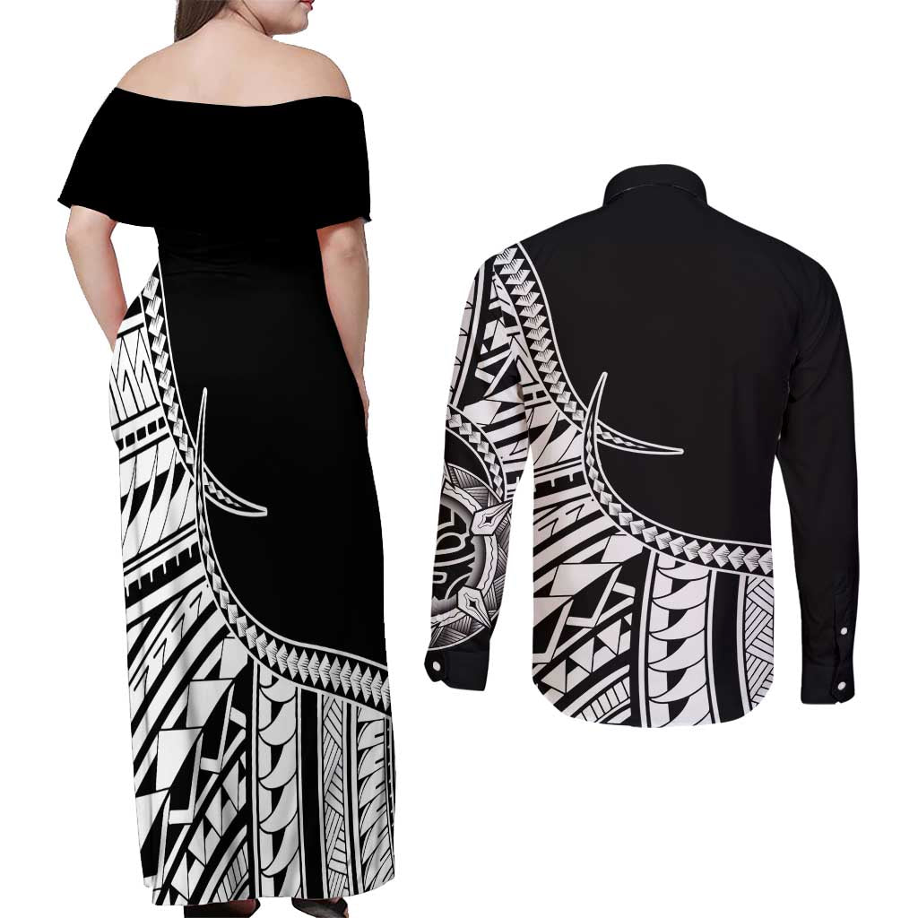 Taino Sun Traditional Tattoo Couples Matching Off Shoulder Maxi Dress and Long Sleeve Button Shirt Polynesian Pattern