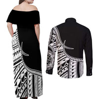 Taino Sun Traditional Tattoo Couples Matching Off Shoulder Maxi Dress and Long Sleeve Button Shirt Polynesian Pattern