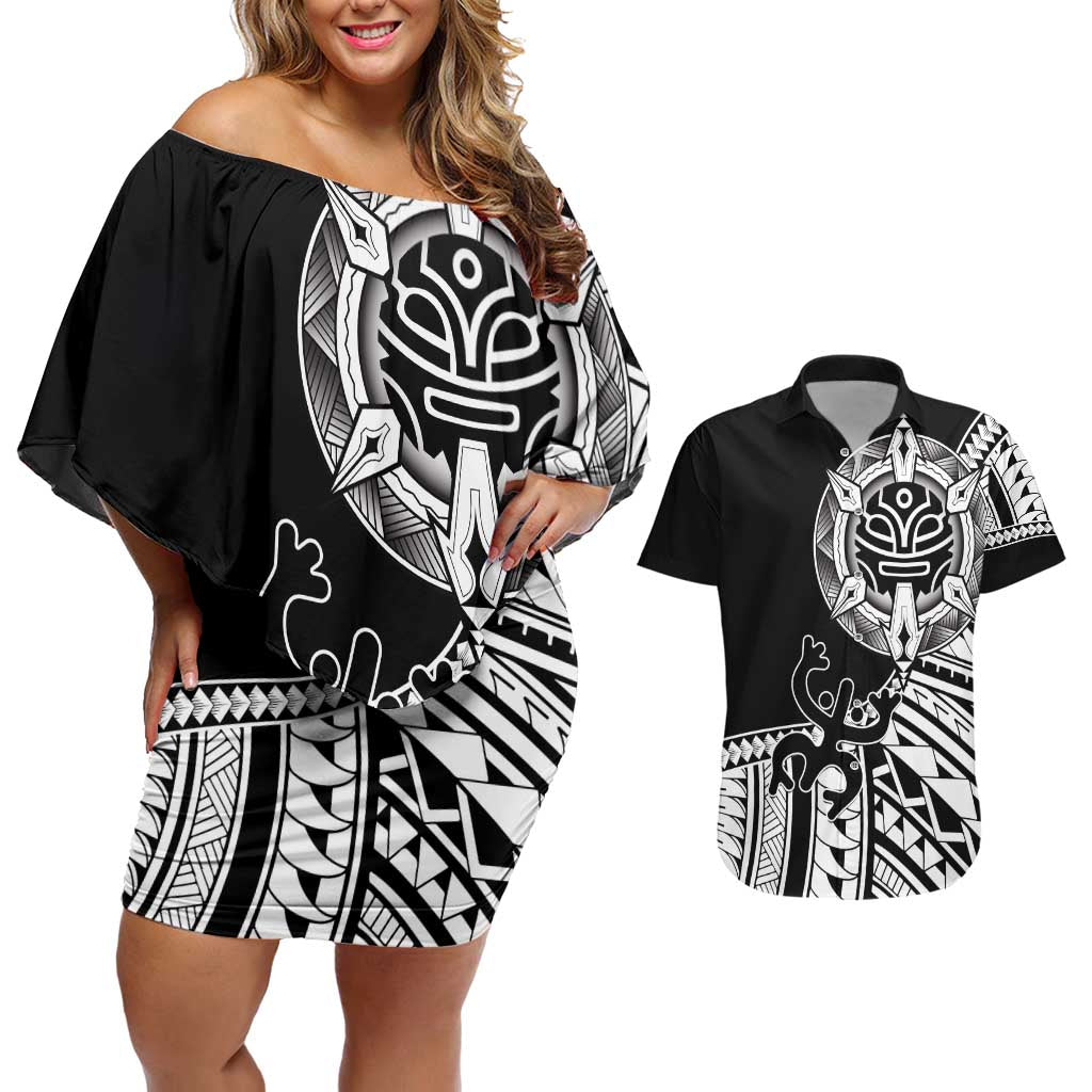Taino Sun Traditional Tattoo Couples Matching Off Shoulder Short Dress and Hawaiian Shirt Polynesian Pattern