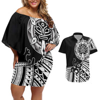 Taino Sun Traditional Tattoo Couples Matching Off Shoulder Short Dress and Hawaiian Shirt Polynesian Pattern