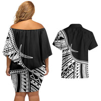 Taino Sun Traditional Tattoo Couples Matching Off Shoulder Short Dress and Hawaiian Shirt Polynesian Pattern