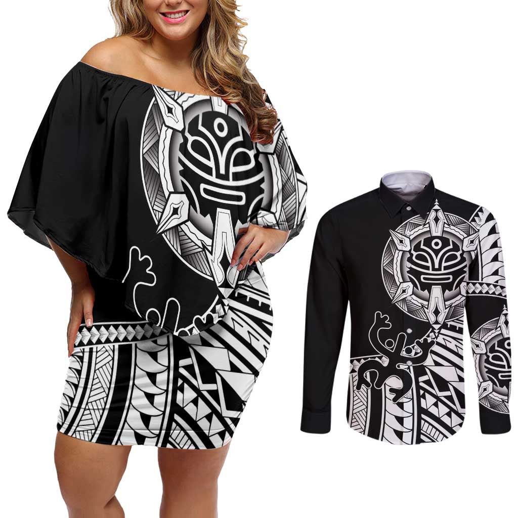 Taino Sun Traditional Tattoo Couples Matching Off Shoulder Short Dress and Long Sleeve Button Shirt Polynesian Pattern