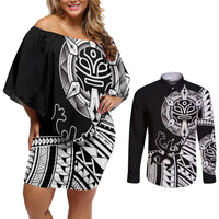 Taino Sun Traditional Tattoo Couples Matching Off Shoulder Short Dress and Long Sleeve Button Shirt Polynesian Pattern