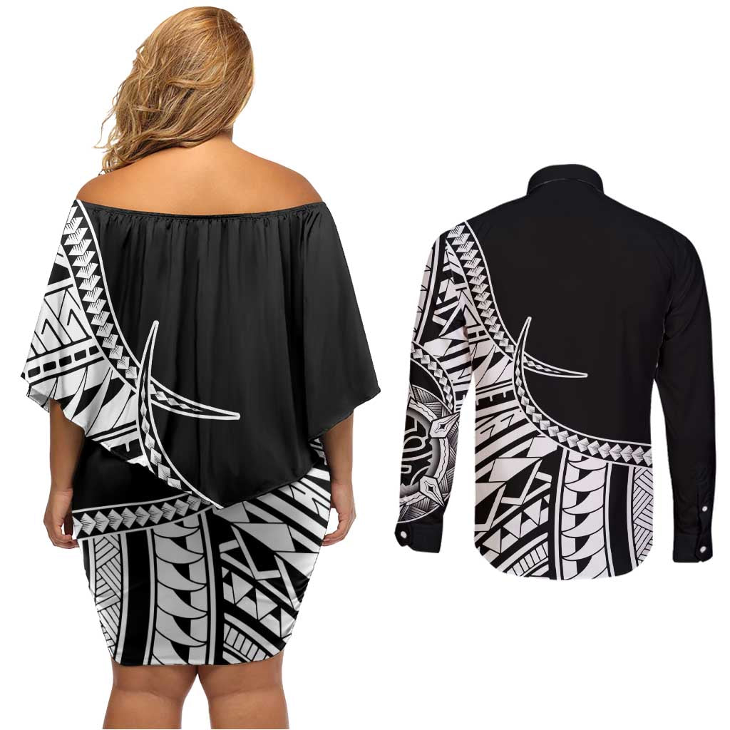 Taino Sun Traditional Tattoo Couples Matching Off Shoulder Short Dress and Long Sleeve Button Shirt Polynesian Pattern