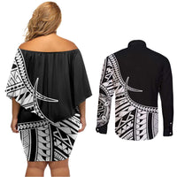 Taino Sun Traditional Tattoo Couples Matching Off Shoulder Short Dress and Long Sleeve Button Shirt Polynesian Pattern