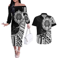 Taino Sun Traditional Tattoo Couples Matching Off The Shoulder Long Sleeve Dress and Hawaiian Shirt Polynesian Pattern