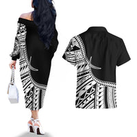Taino Sun Traditional Tattoo Couples Matching Off The Shoulder Long Sleeve Dress and Hawaiian Shirt Polynesian Pattern