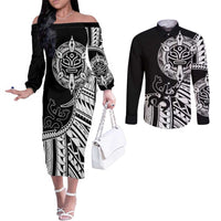 Taino Sun Traditional Tattoo Couples Matching Off The Shoulder Long Sleeve Dress and Long Sleeve Button Shirt Polynesian Pattern