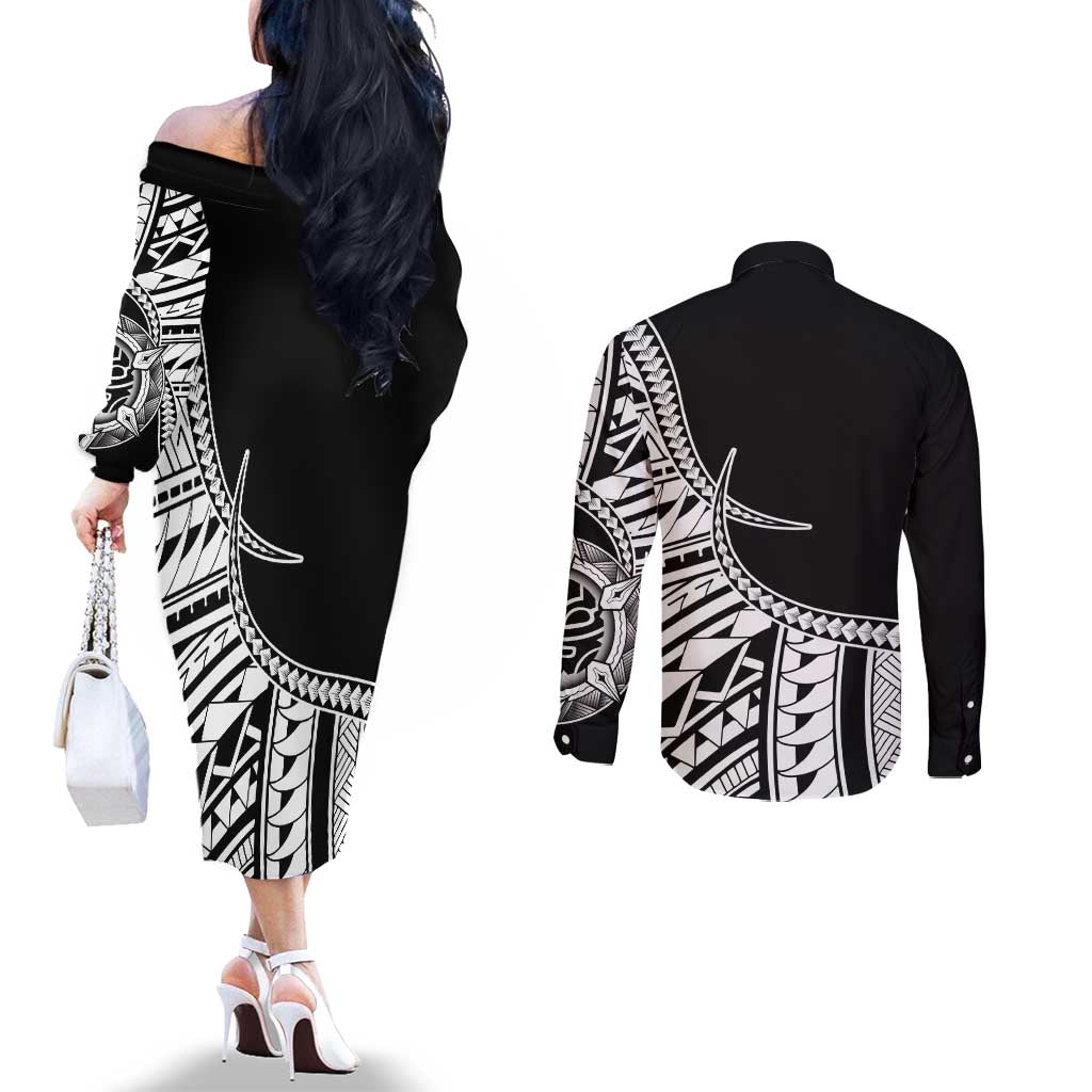 Taino Sun Traditional Tattoo Couples Matching Off The Shoulder Long Sleeve Dress and Long Sleeve Button Shirt Polynesian Pattern