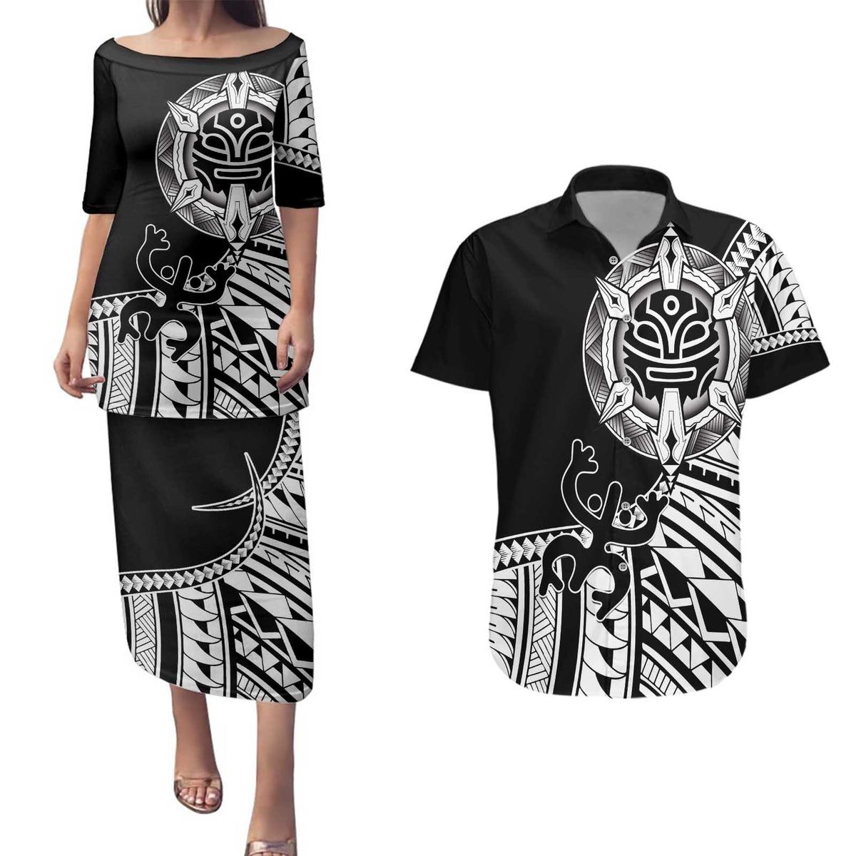 Taino Sun Traditional Tattoo Couples Matching Puletasi and Hawaiian Shirt Polynesian Pattern
