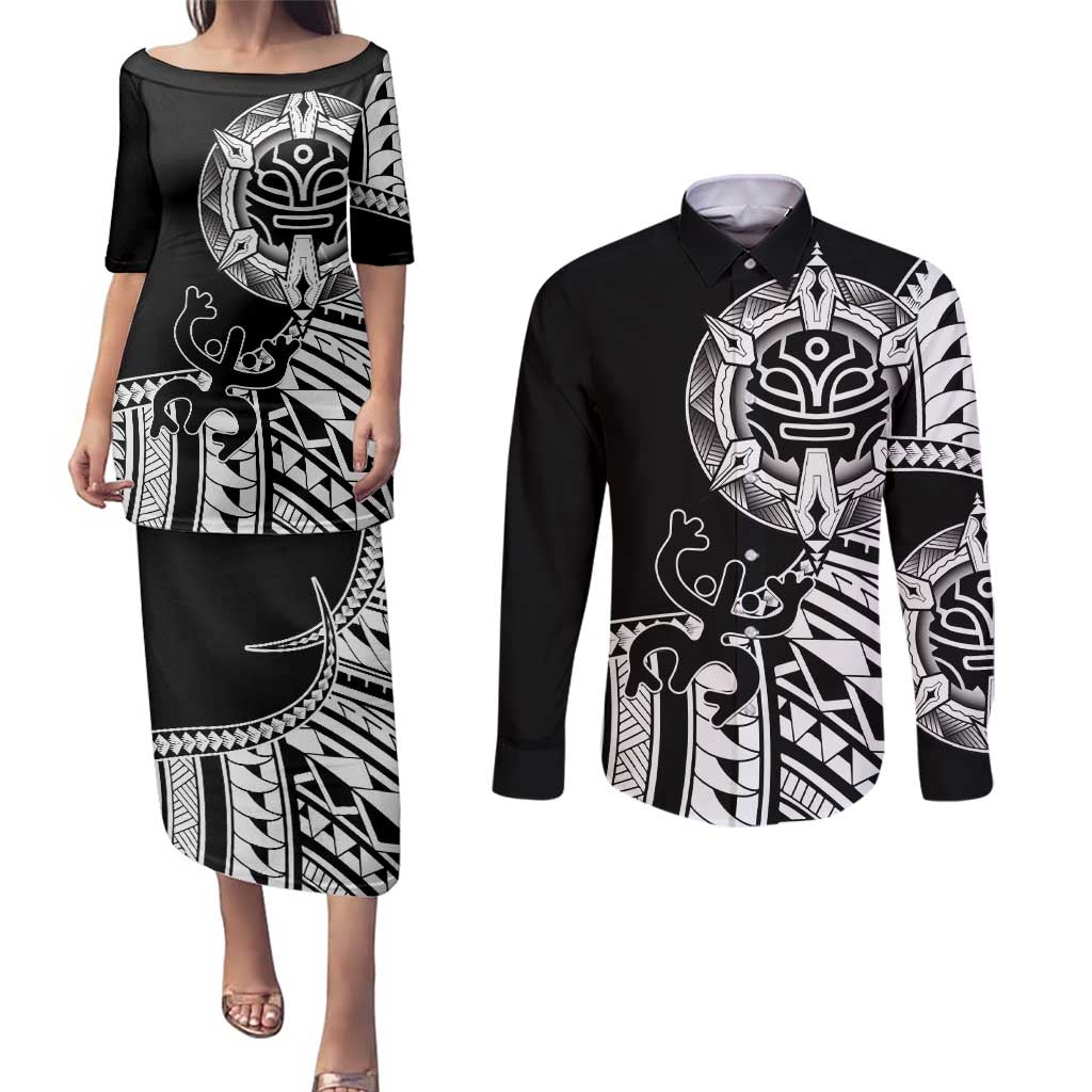 Taino Sun Traditional Tattoo Couples Matching Puletasi and Long Sleeve Button Shirt Polynesian Pattern