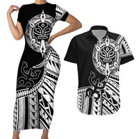 Taino Sun Traditional Tattoo Couples Matching Short Sleeve Bodycon Dress and Hawaiian Shirt Polynesian Pattern