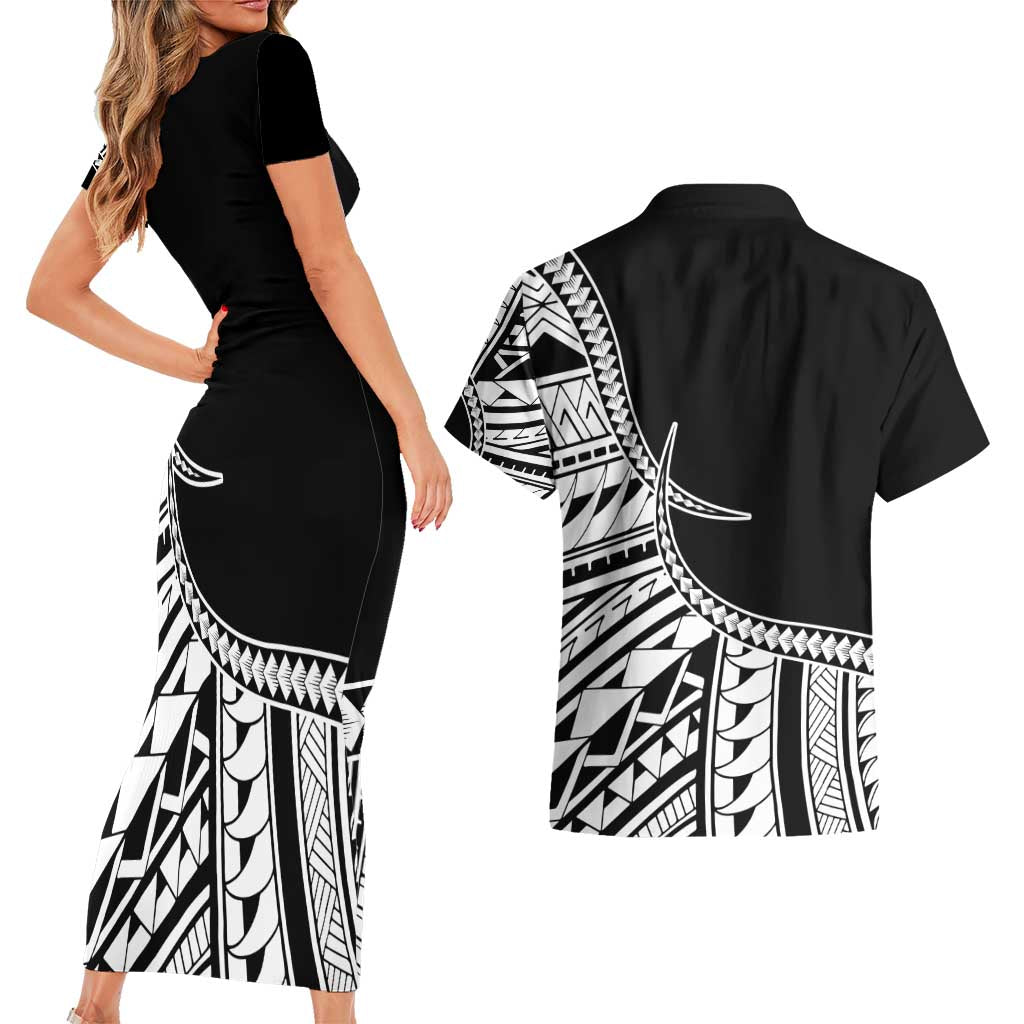 Taino Sun Traditional Tattoo Couples Matching Short Sleeve Bodycon Dress and Hawaiian Shirt Polynesian Pattern