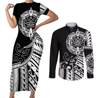 Taino Sun Traditional Tattoo Couples Matching Short Sleeve Bodycon Dress and Long Sleeve Button Shirt Polynesian Pattern