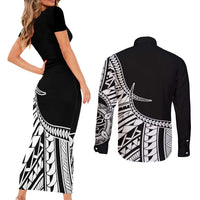 Taino Sun Traditional Tattoo Couples Matching Short Sleeve Bodycon Dress and Long Sleeve Button Shirt Polynesian Pattern