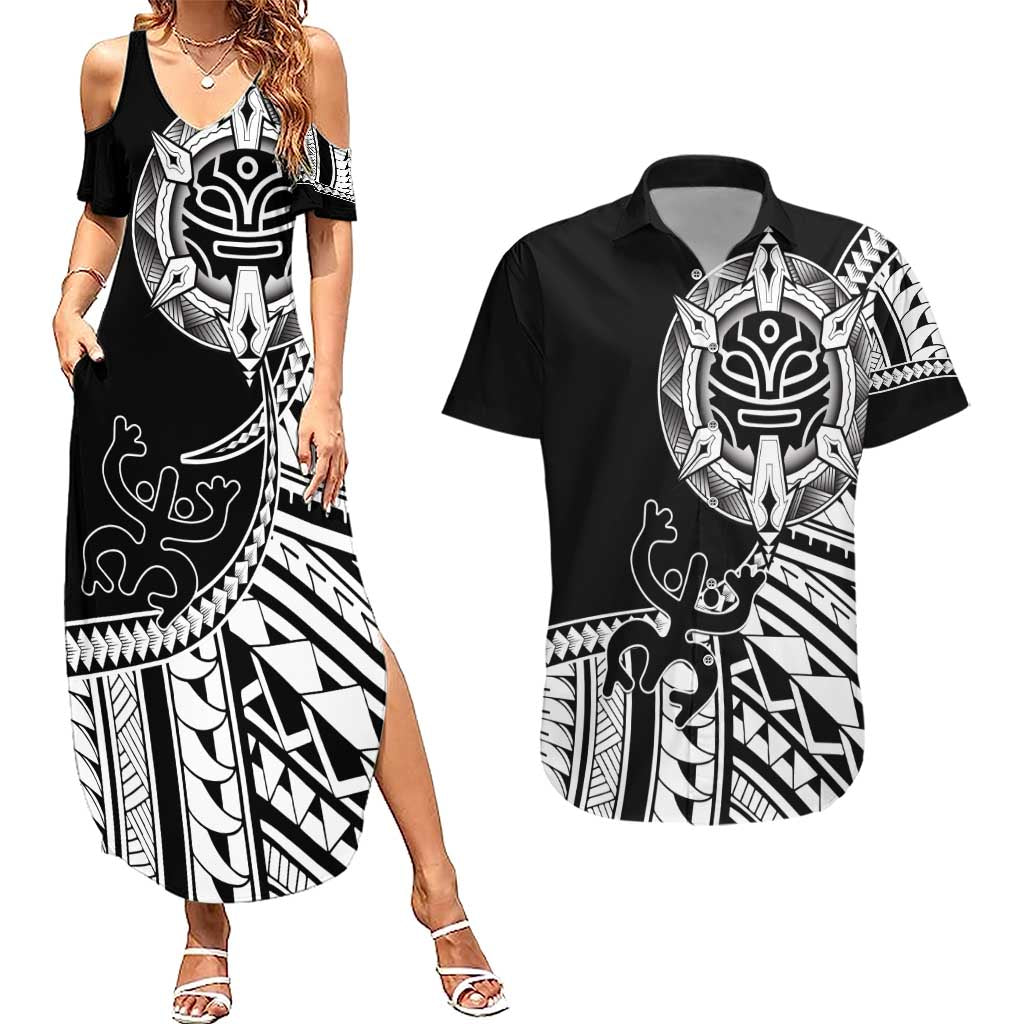 Taino Sun Traditional Tattoo Couples Matching Summer Maxi Dress and Hawaiian Shirt Polynesian Pattern