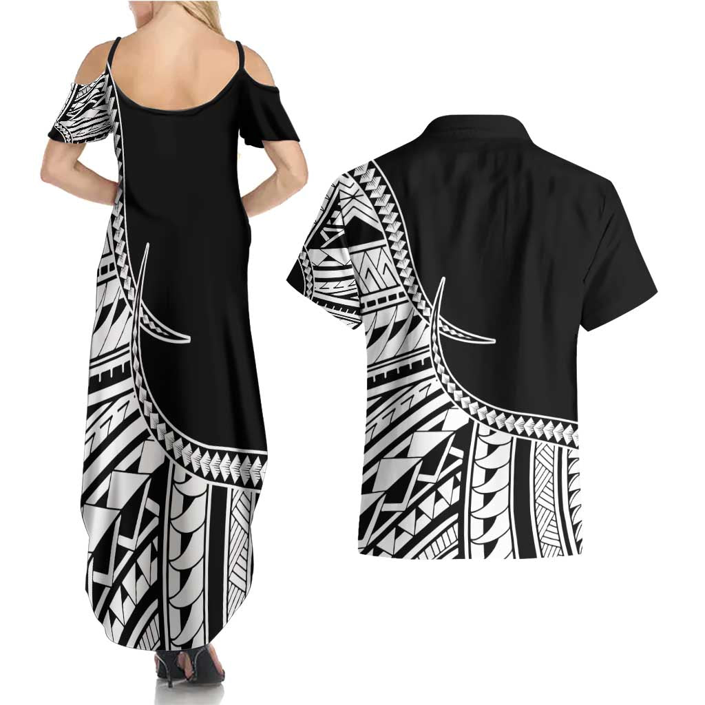 Taino Sun Traditional Tattoo Couples Matching Summer Maxi Dress and Hawaiian Shirt Polynesian Pattern