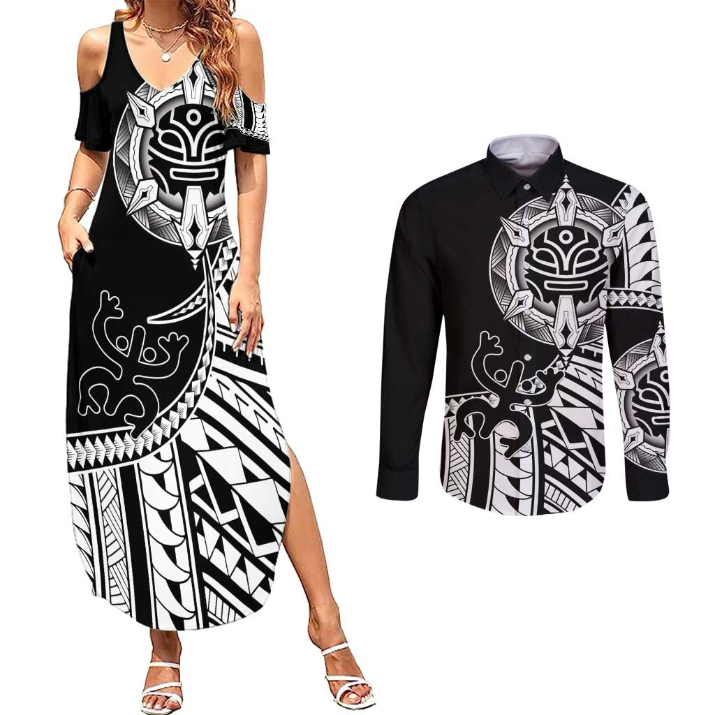 Taino Sun Traditional Tattoo Couples Matching Summer Maxi Dress and Long Sleeve Button Shirt Polynesian Pattern