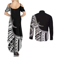 Taino Sun Traditional Tattoo Couples Matching Summer Maxi Dress and Long Sleeve Button Shirt Polynesian Pattern