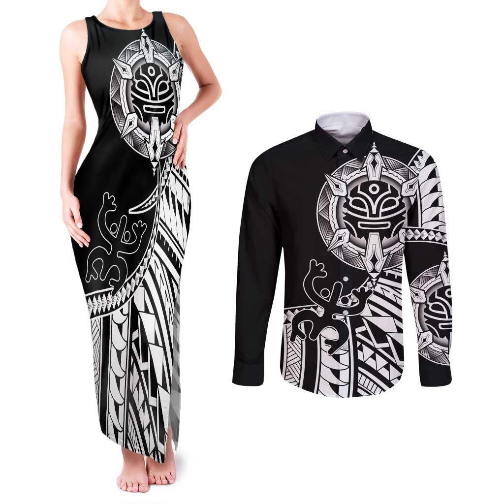 Taino Sun Traditional Tattoo Couples Matching Tank Maxi Dress and Long Sleeve Button Shirt Polynesian Pattern