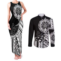 Taino Sun Traditional Tattoo Couples Matching Tank Maxi Dress and Long Sleeve Button Shirt Polynesian Pattern