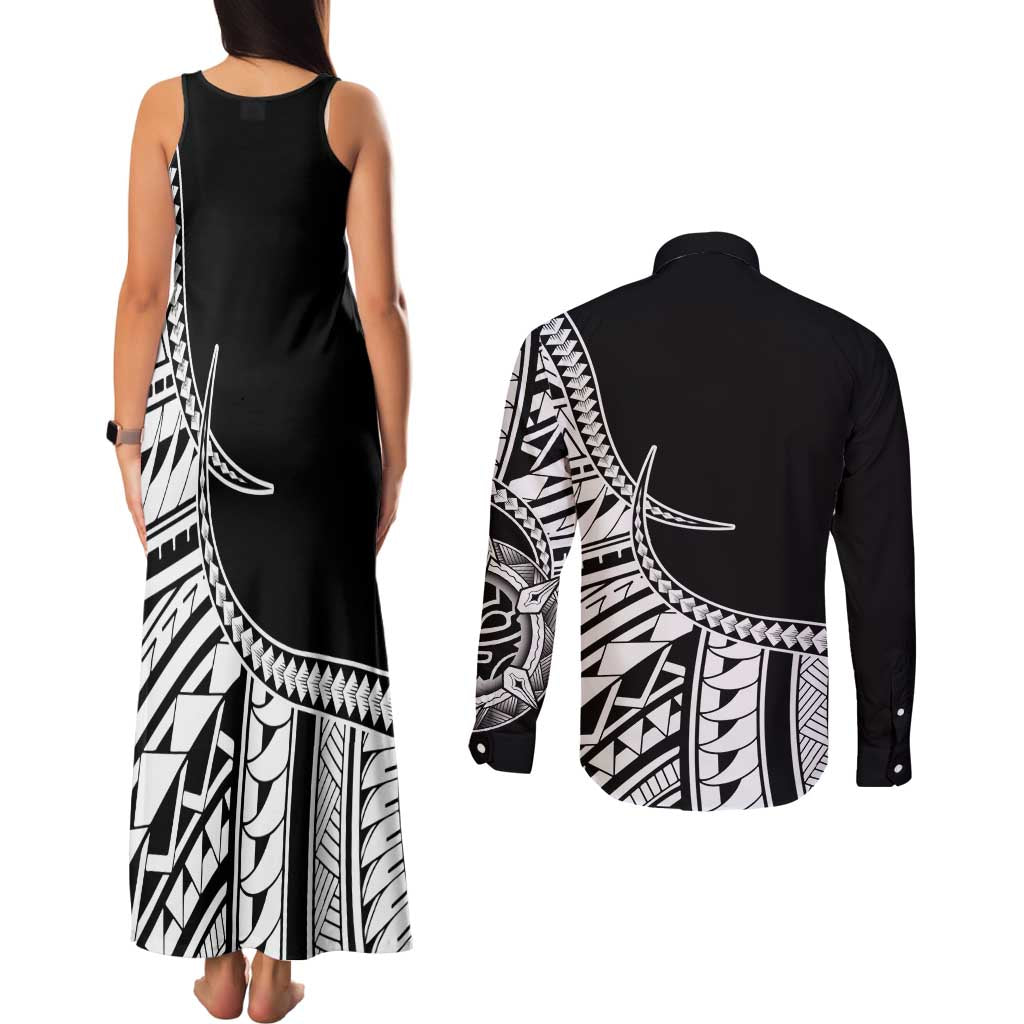 Taino Sun Traditional Tattoo Couples Matching Tank Maxi Dress and Long Sleeve Button Shirt Polynesian Pattern