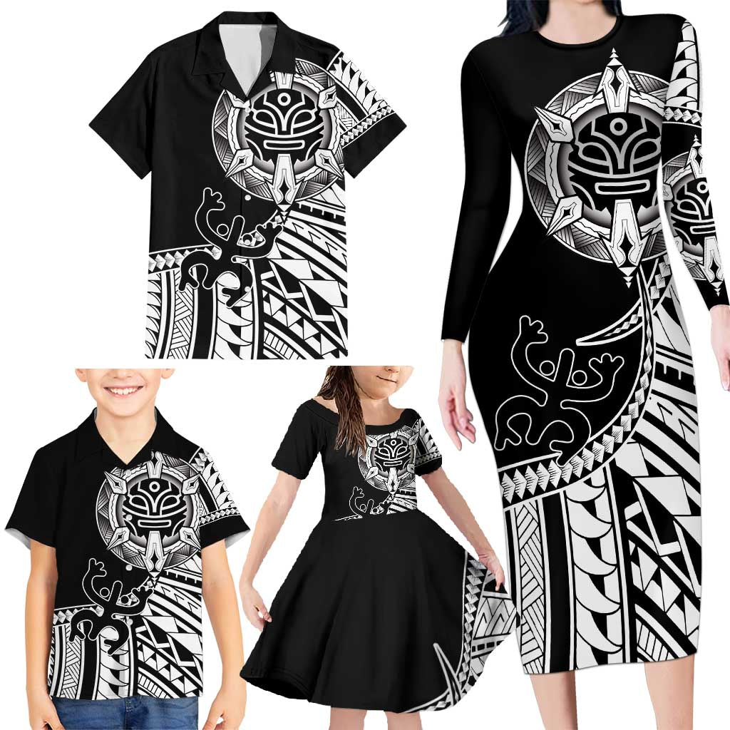 Taino Sun Traditional Tattoo Family Matching Long Sleeve Bodycon Dress and Hawaiian Shirt Polynesian Pattern