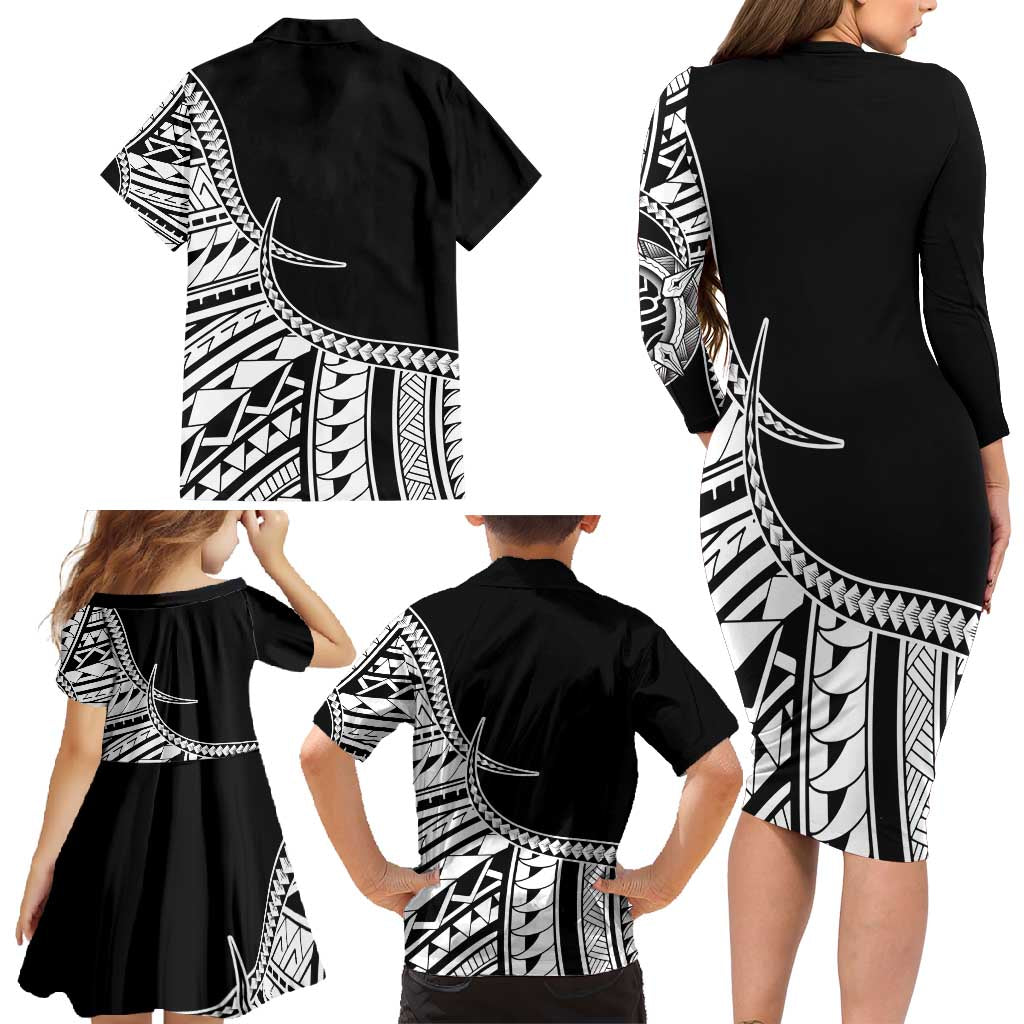 Taino Sun Traditional Tattoo Family Matching Long Sleeve Bodycon Dress and Hawaiian Shirt Polynesian Pattern
