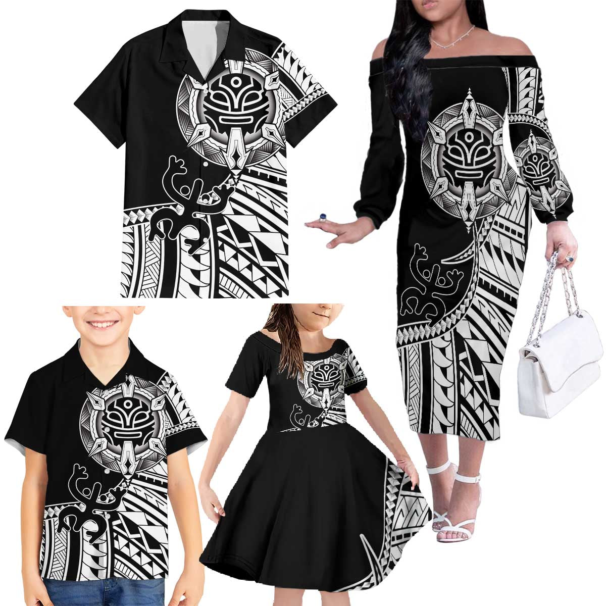 Taino Sun Traditional Tattoo Family Matching Off The Shoulder Long Sleeve Dress and Hawaiian Shirt Polynesian Pattern
