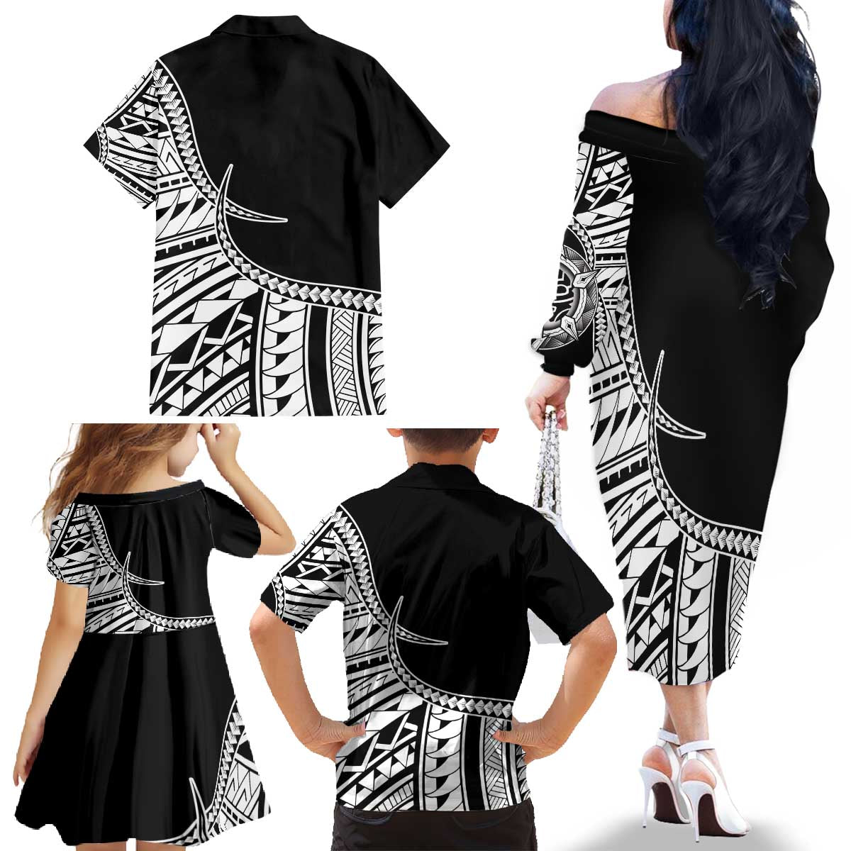 Taino Sun Traditional Tattoo Family Matching Off The Shoulder Long Sleeve Dress and Hawaiian Shirt Polynesian Pattern