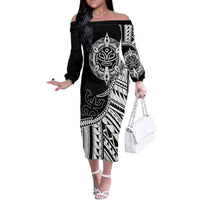 Taino Sun Traditional Tattoo Family Matching Off The Shoulder Long Sleeve Dress and Hawaiian Shirt Polynesian Pattern