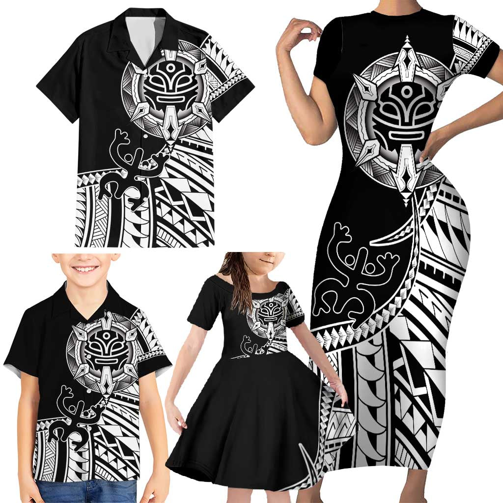 Taino Sun Traditional Tattoo Family Matching Short Sleeve Bodycon Dress and Hawaiian Shirt Polynesian Pattern