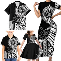 Taino Sun Traditional Tattoo Family Matching Short Sleeve Bodycon Dress and Hawaiian Shirt Polynesian Pattern