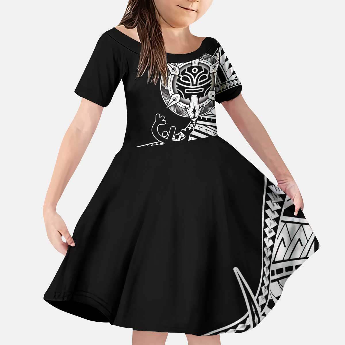 Taino Sun Traditional Tattoo Kid Short Sleeve Dress Polynesian Pattern