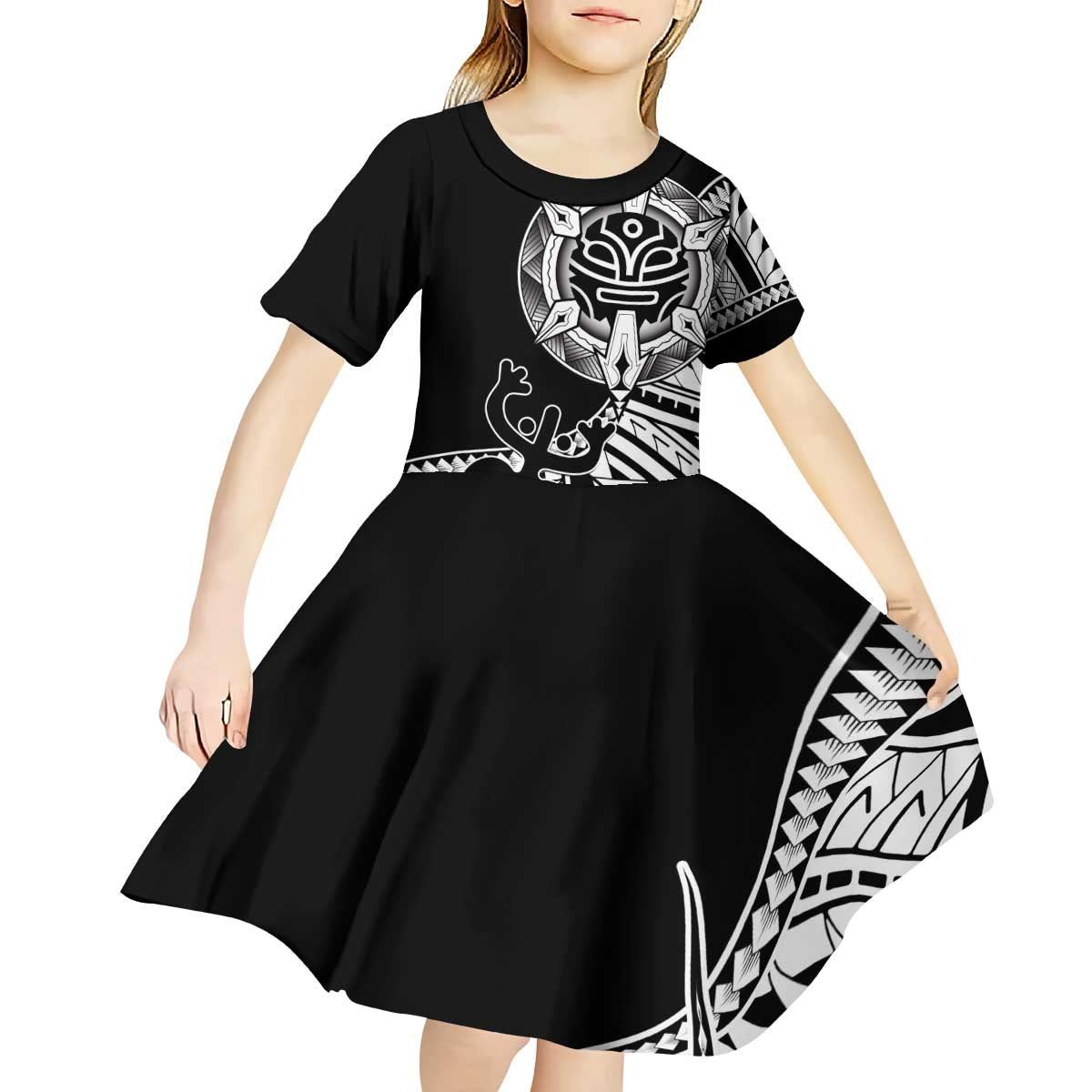 Taino Sun Traditional Tattoo Kid Short Sleeve Dress Polynesian Pattern