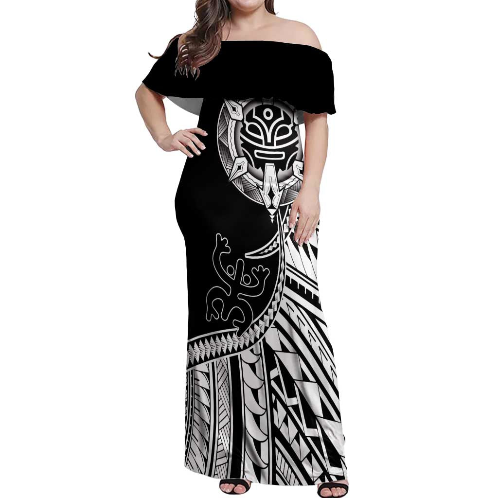 Taino Sun Traditional Tattoo Off Shoulder Maxi Dress Polynesian Pattern