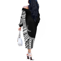Taino Sun Traditional Tattoo Off The Shoulder Long Sleeve Dress Polynesian Pattern