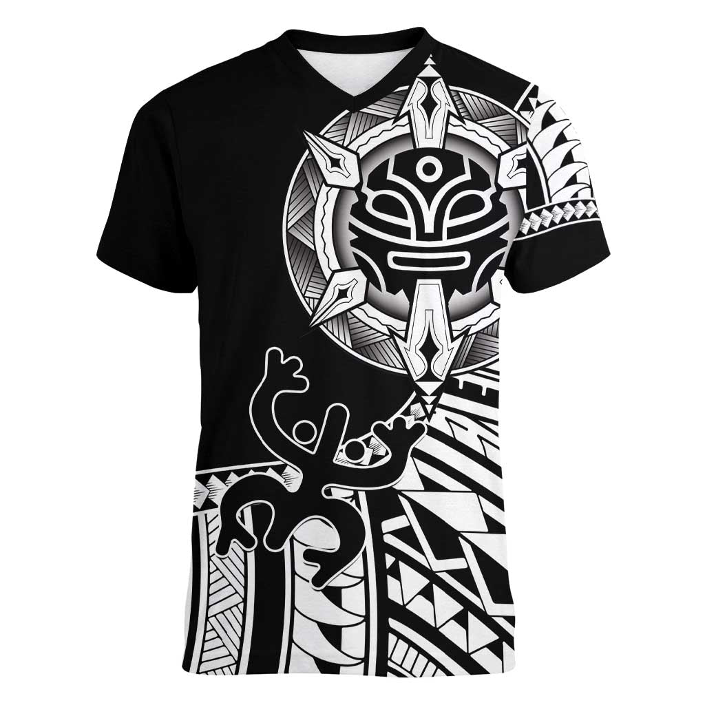 Taino Sun Traditional Tattoo Women V-Neck T-Shirt Polynesian Pattern