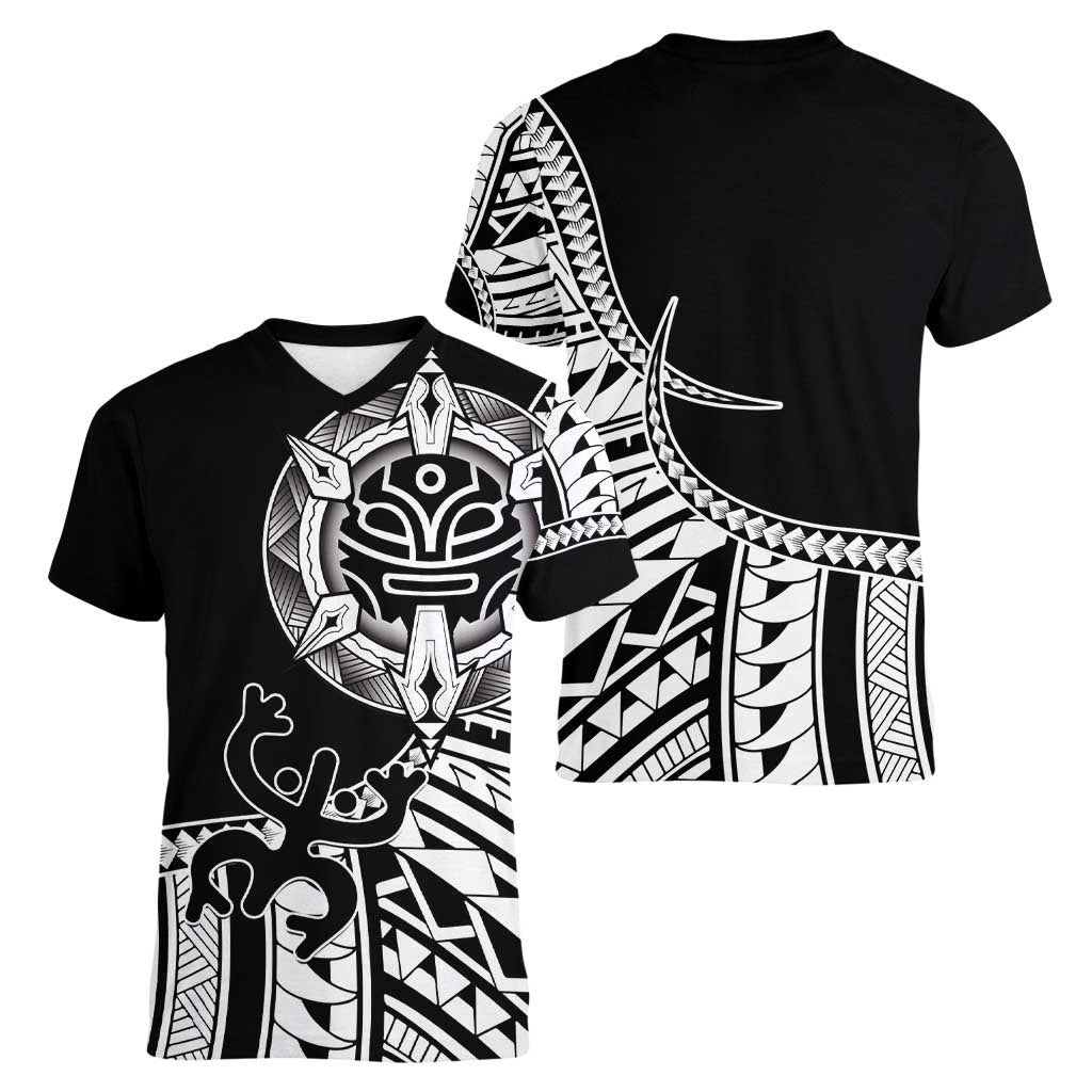 Taino Sun Traditional Tattoo Women V-Neck T-Shirt Polynesian Pattern