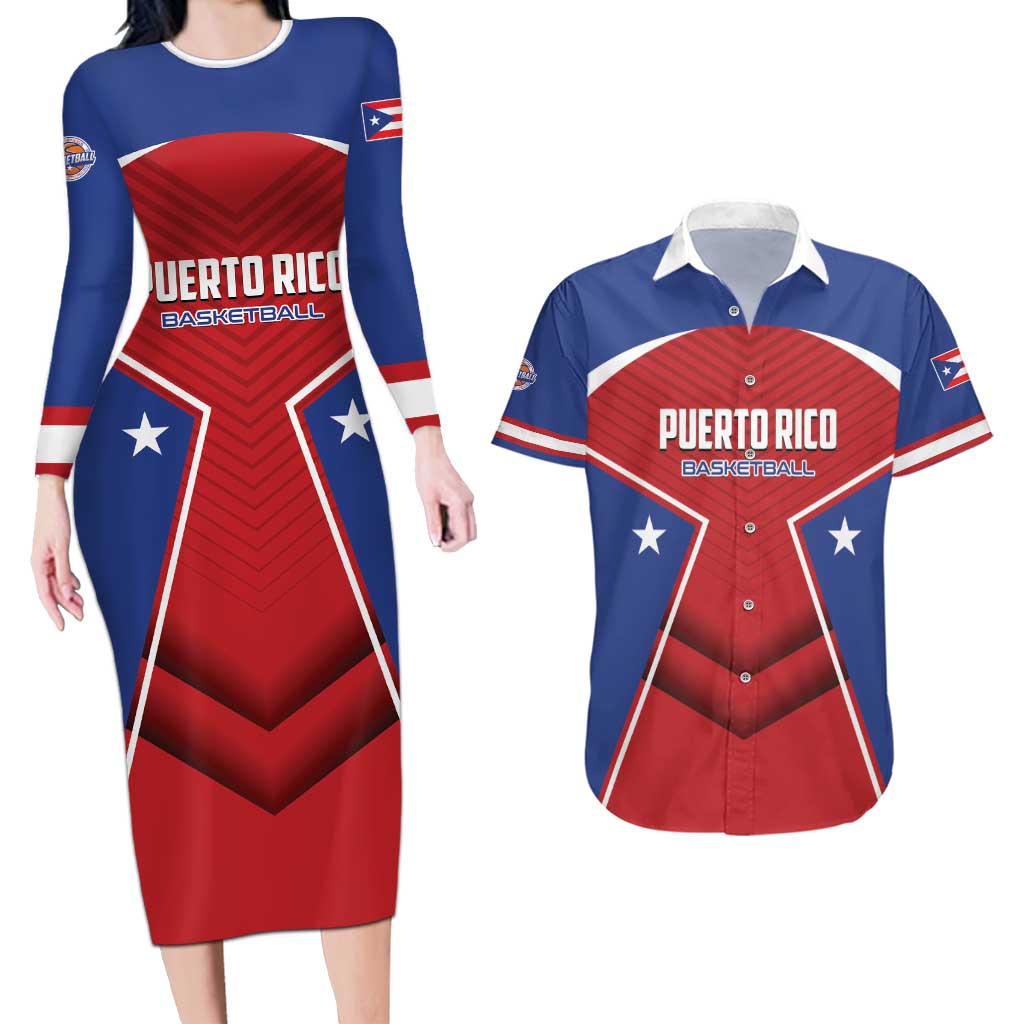 Personalized Puerto Rico Basketball Couples Matching Long Sleeve Bodycon Dress and Hawaiian Shirt Magnificos Go Champion